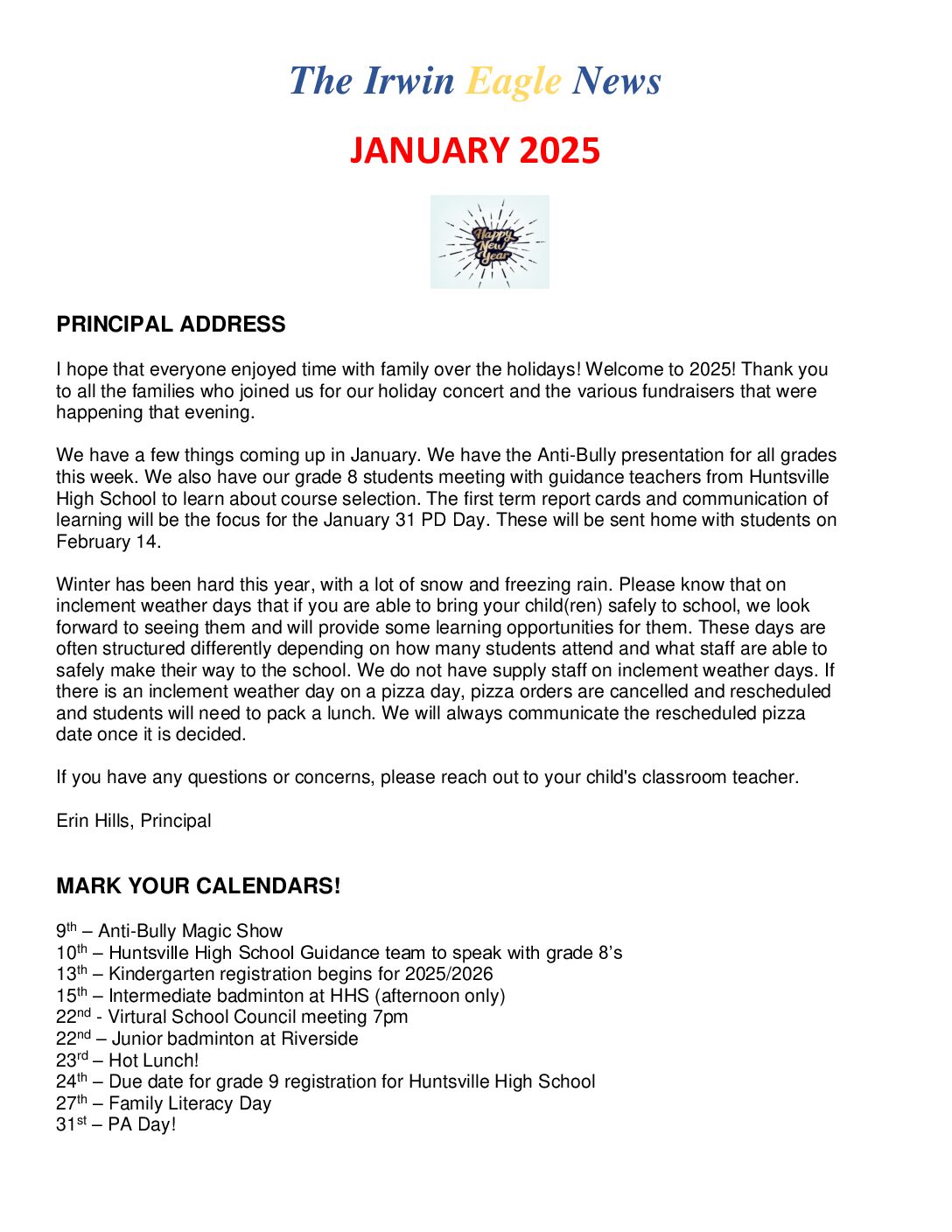 January 2025 Newsletter Irwin Memorial Public School